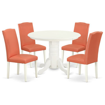 5Pc Rounded 42" Dining Table, Four Parson Chair, Pu Leather Color Pink Flamingo