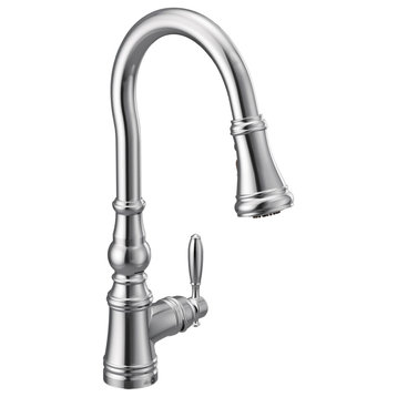 Moen Weymouth Shepherd's Hook Pulldown Kitchen Faucet+Wand With Power Boost, Chr