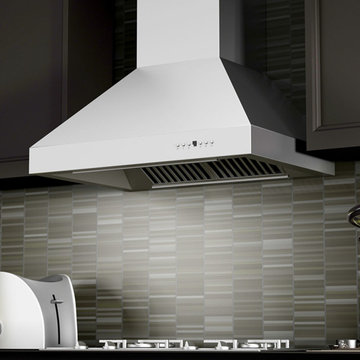 A black kitchen featuring a ZLINE 697-RS Stainless Steel Wall Range Hood