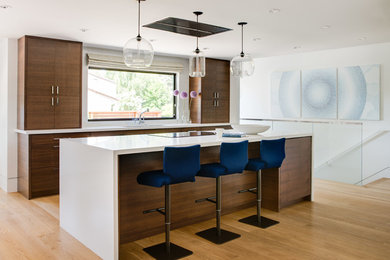 Photo of a large modern galley eat-in kitchen in San Francisco with an undermount sink, flat-panel cabinets, white cabinets, solid surface benchtops, white splashback, porcelain splashback, stainless steel appliances, medium hardwood floors, with island, brown floor and white benchtop.