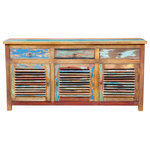 Chic Teak - Chest / Media Center 3 Doors and 3 Drawers made from Recycled Teak Wood Boats - Be the captain of the ship from the comfort of your own home with this chest made from recycled fishing boats. These are crafted in small rural seaside villages on the island of Java by craftsmen that have often been making furniture for several generations. This piece has its sea legs and is now ready to voyage to your living room or dining room. The wind will always be to your back as you sail for the horizon with this unique piece. The set and drift of this piece is truly one-of-a-kind; no two pieces are alike in the world. 100% Eco-friendly and sustainable for the environment. Also perfect for use as a entertainment center or TV stand.