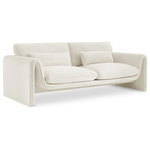 Meridian Furniture - Sloan Cream Velvet Fabric Sofa - Position this elegantly eye-grabbing Sloan velvet sofa wherever you need to inject sophistication and beauty into your room. This sofa features sumptuously appointed soft cream velvet that covers every inch of its softly padded arms, seat, and back cushions, ensuring total bliss while you read or watch TV. A wooden frame adds durability to the design, and the addition of a special matching pillow on the back adds to the chair's overall comfort factor.