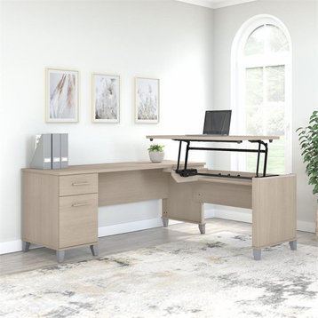 Somerset 3 Position Sit to Stand L Shaped Desk in Sand Oak - Engineered Wood