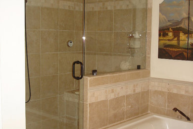 Large mountain style master bathroom photo in Dallas with raised-panel cabinets, a two-piece toilet, beige walls and an undermount sink