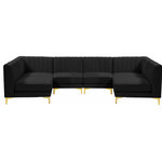 Meridian Furniture - Alina Velvet Modular U-Shaped Sectional, Black, 6-Piece: 4 Armless Chair, 2 Corner Chair - Bring modern beauty to your space with the addition of this Alina Velvet Modular sectional. This beautiful sectional features deep channel tufting to ramp up its visual interest and add to its resilient demeanor. Its soft black velvet upholstery blends nicely with existing elements in your room and is sleek to the touch, making this seat a super comfortable one. Part of the modular Alina collection, this sectional has a latch that attaches it to other pieces to create your custom seating arrangement.