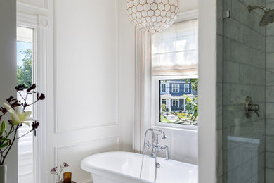 Design ideas for a mid-sized traditional master bathroom in Richmond with raised-panel cabinets, grey cabinets, a freestanding tub, a double shower, marble, marble floors, marble benchtops, a hinged shower door, a double vanity, a built-in vanity and decorative wall panelling.