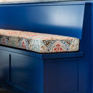 Large eclectic kitchen pantry ideas - Inspiration for a large eclectic u-shaped porcelain floor and multicolored floor kitchen pantry remodel in San Luis Obispo with shaker cabinets, white cabinets and two islands