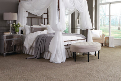 Example of a large transitional master carpeted and beige floor bedroom design in Orange County with gray walls and no fireplace