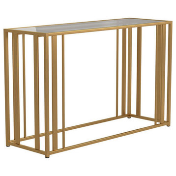 Glass Top Sofa Table With Metal Tubular Base, Brass