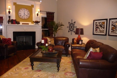 Design ideas for a small traditional enclosed family room in Nashville with beige walls, dark hardwood floors, a standard fireplace, a wood fireplace surround and no tv.