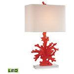 Elk Home - 28" Red Coral LED Table Lamp, Red - Red Coral Table Lamp Off White linen rectangular hardback shade. The lamp measures 16??__W x 28??__H with shade measurements of 16"W x 11"H. The lamp uses a 9.5 Watt LED medium 3 way bulb with an on/off switch on the socket.(Bulb included)
