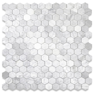 Non Slip Shower Floor Tile Carrara White Marble 3 inch Hexagon Tumbled, 1 sheet