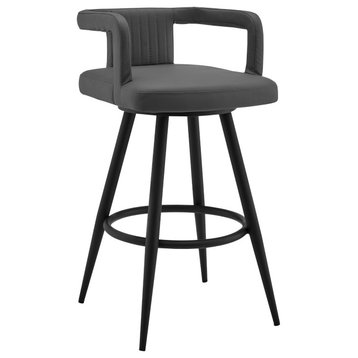 Gabriele 26" Gray Faux Leather and Black Metal Swivel Bar Stool