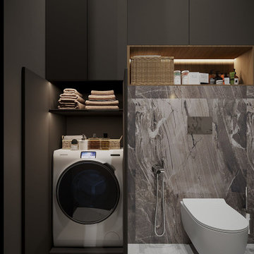 Apartment with black bedroom and bathroom