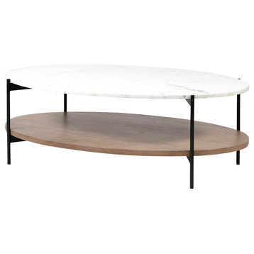 Larkin 48" Oval White Marble & Solid Wood Shelf w/Black Metal Frame Coffee Table