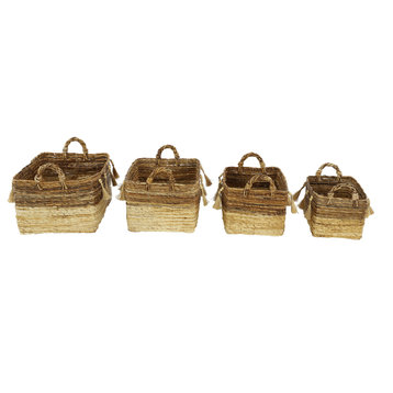 Rectangular Brown and Beige Banana Leaf Baskets With Beads and Tassels, Set of 4