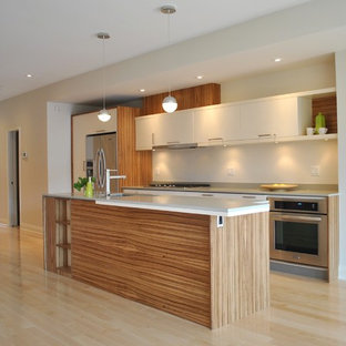 Modelo de cocina de galera, minimalista, con electrodomésticos de acero inoxidable, encimera de cuarzo compacto, armarios con paneles lisos y puertas de armario blancas