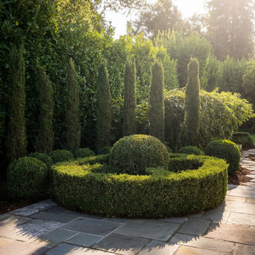 Formal hedge and stone patio landscape design Atherton, CA