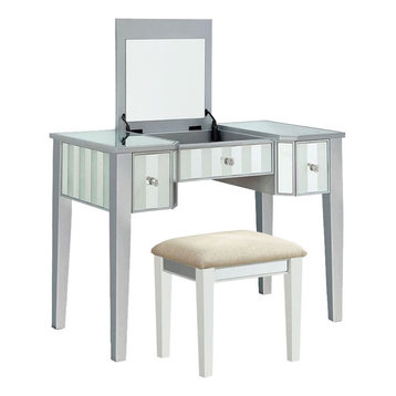 Elegant Vanity Set, Mirrored Design With Flip Up Mirror & Cushioned Top, Silver