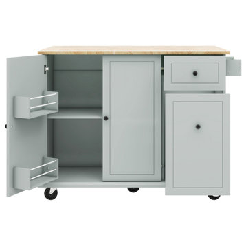 Rubberwood Kitchen Cart, Internal Storage Rack, 2 Drawers, Grey Blue