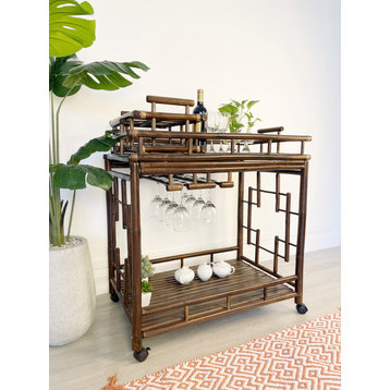 Bamboo Rolling Wine Buffet Bar Serving Cart with Casters - Espresso