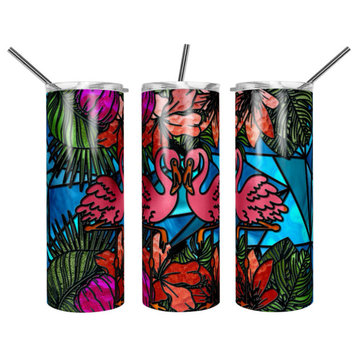 Flamingos Hibiscus Stained Glass Look 20 Oz Skinny Metal Tumbler w/Lid & Straw
