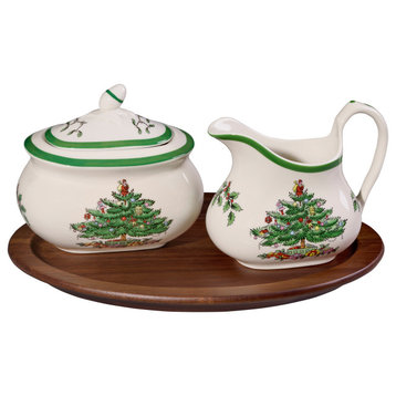 Spode Christmas Tree 3 Piece Sugar and Creamer Set with Wood Tray