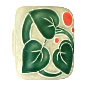 Square Ceramic Leaves Knob, Green and Red