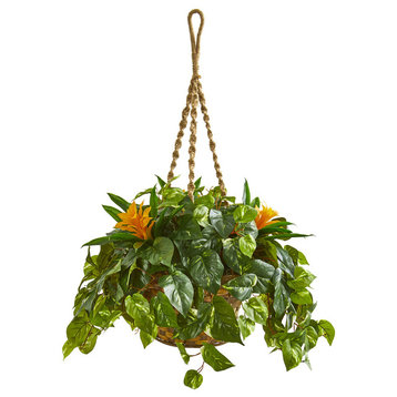 31" Bromeliad and Pothos Artificial Plant in Hanging Basket