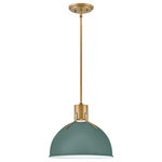 HInkley - Hinkley Argo 14" Small LED Pendant Light, Lacquered Brass + Sage Green shade - Argo is brilliantly basic in design but has all the right details to make it shine. The smooth lines of its dome have a vintage, industrial feel, but modern updates make Argo contemporary. Heavy straps and decorative screws secure the dome to the cap in this clean and stylish profile.