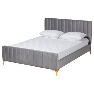 Kristiane Modern Luxe Light Gray Velvet Fabric and Gold Queen Platform Bed