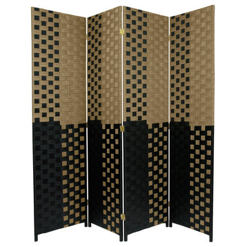 6' Tall Woven Fiber Room Divider, Olive/Black, 4 Panel