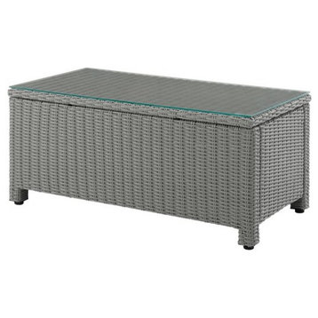 Classic Coffee Table, Indoor/Outdoor Use With Gray Resin Wicker Body, Glass Top