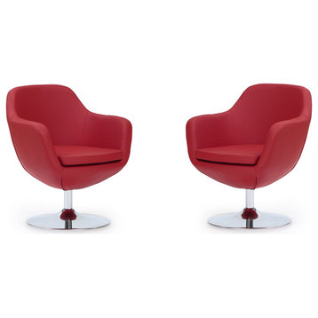 Caisson Faux Leather Swivel Accent Chair, Red and Polished Chrome, Set of 2