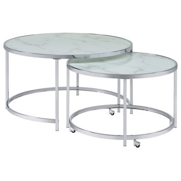 Benzara Marbled Glass Nesting Accent Tables, Round Top, Metal, 2-Piece Set