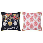 StyleCraft - Dann Foley Double Sided Pillow Red Vases Print, Floral Monkey Print - Two unique patterns with vibrant color tones alternate on each side - bringing to life a modern, eclectic, and unique home accent. Yellow velvet trim detailing is added for an elevated look.