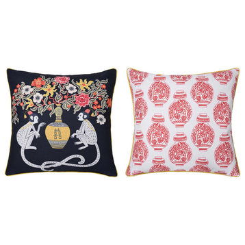 Dann Foley Double Sided Pillow Red Vases Print, Floral Monkey Print