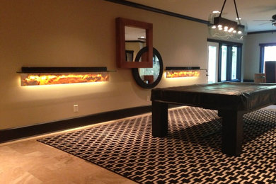 Example of a large trendy open concept beige floor game room design in Atlanta with beige walls, no fireplace and no tv