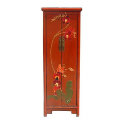 Chinese Orange Thick Oil Flower Graphic Narrow Cabinet Hcs367 - Accent Chests And Cabinets