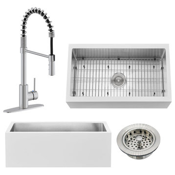 33" Single Bowl Farmhouse Solid Surface Sink and Faucet Kit, Stainless Steel