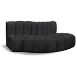 Meridian Furniture - Arc Vegan Leather Upholstered 3-Pc. S-Shaped Modular Sofa, Black - Unleash modern opulence with the Arc Vegan Leather 3pc. Sectional. Crafted for the modern connoisseur, this Sectional injects an air of refined luxury into any space. Its sleek silhouette, upholstered in supple black vegan leather, exudes timeless sophistication while the deep channel tufting adds textural intrigue, further elevating the chair's visual appeal. The modular design makes it a versatile chameleon, effortlessly adapting to your evolving needs and preferences. Whether you envision it gracing a chic living room corner, basking in the glow of a bedroom window, or adding a touch of drama to a home office, the Arc seamlessly complements your unique interior aesthetic.