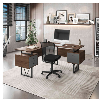 Reversible L-Shape Computer Desk With Drawers and File Cabinet