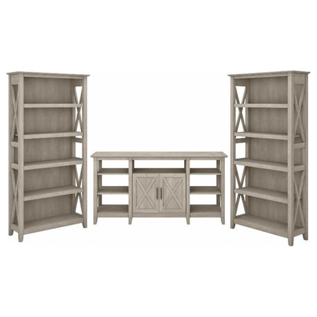 Bush Furniture Key West Tall TV Stand with Set of 2 Bookcases in Washed Gray