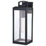 Vaxcel - Vaxcel - Kinzie 1-Light Outdoor Wall Sconce in Transitional and Rectangular - Collection: Kinzie, Material: Steel, Finish Color: Textured Black, Width: 4.5", Height: 10", Depth: 5.5", Height From Outlet Box: 3", Backplate Width: 3.94", Backplate Length: 8.78", Lamping Type: Incandescent, Number Of Bulbs: 1, Wattage: 60 Watts, Moisture Rating: Wet Rated, Desc: Elongated, slim, clear glass panels frame the Kinzie for a clean, contemporary feel. The oblong lantern handle adds an additional design element to this outdoor wall light collection. Finished in textured black, the Kinzie creates a bold but understated look perfect for highlighting your space. Combine that with vintage Edison style filament bulbs to complete the look. This outdoor wall light is ideal for your porch, entryway, garage, or any other area of your home.   Assembly Required: Yes / Back Plate Height: 8.78 / Back Plate Width: 3.94 / Bulb Shape: T10 / Shade Included: Yes. ,-Kinzie 1-Light Outdoor Wall Sconce in Transitional and Rectangular Style 16.75 Inches Tall and 6 Inches Wide-Lantern-T0567
