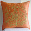 Beaded Green Tree 14"x14" Art Silk Orange Pillow Cases, Money Tree