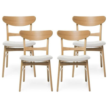 4 Pack Dining Chair, Cushioned Seat & Curved Open Back, Light Beige/Natural Oak