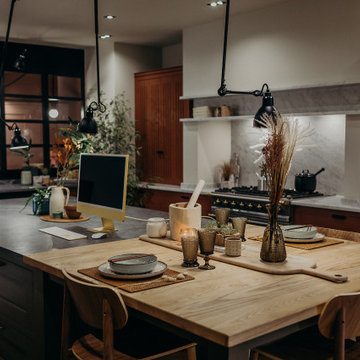 Eucalyptus - Surrey Showroom. Contemporary kitchen with island and wooden breakf