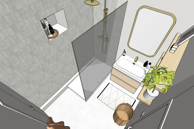 Cette image montre une petite salle d'eau minimaliste avec des portes de placard blanches, une douche à l'italienne, un mur blanc, sol en béton ciré, un sol blanc, meuble simple vasque et meuble-lavabo encastré.