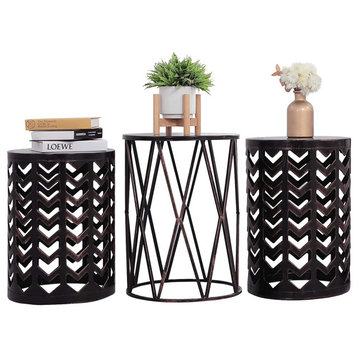 Outdoor Garden Stool Set of 3 with Metal Frame , Black With Bronze Brushed