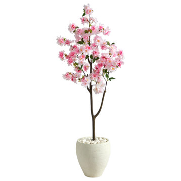 4.5' Cherry Blossom Artificial Tree, White Planter
